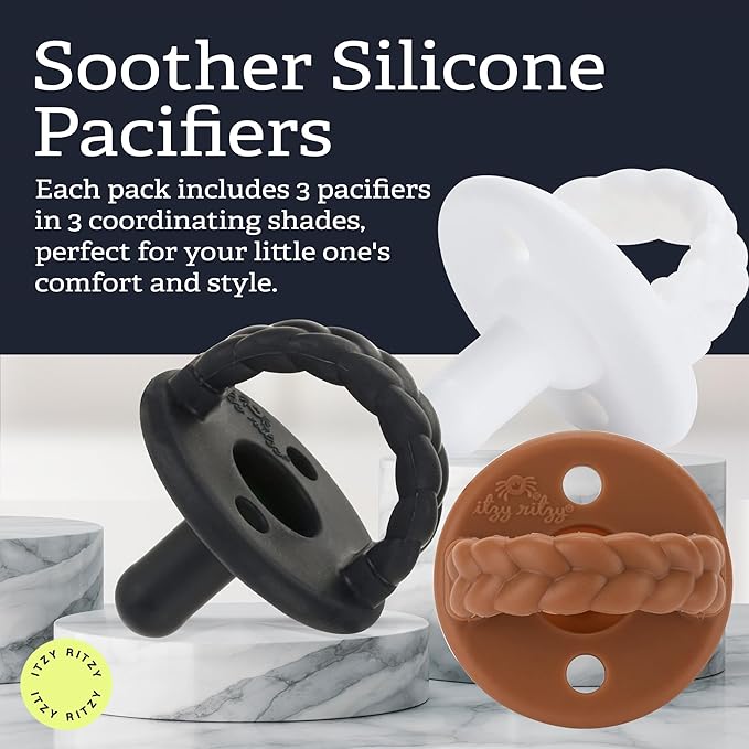 Itzy Ritzy Silicone Pacifiers for Newborn – Itzy Soother Pacifiers Feature Collapsible Handle & Two Air Holes for Added Safety – for Ages 0-6 Months, Coffee & Cream Set of 3 in White, Tan & Brown