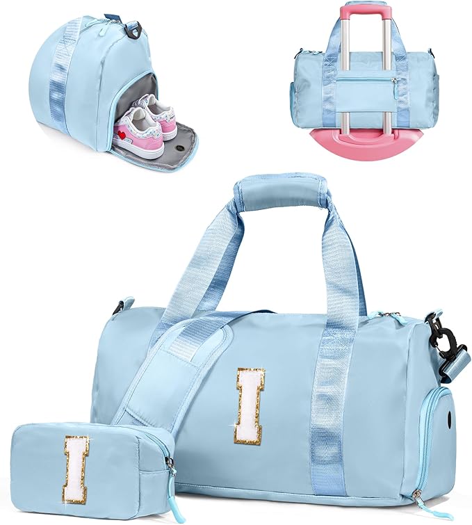 Birthday Gifts for Granddaughter-Girl Gym Bag with Shoe Compartment, Kid Personalized Weekender Overnight Bags, Initial Travel Tote with Makeup Pouch Valentine's Day Gift for Kids (Letter I)
