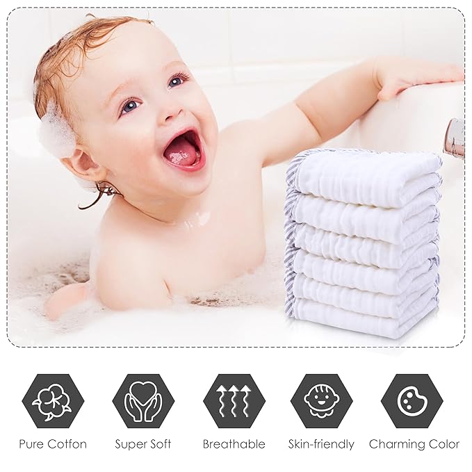 Cute Castle 12 Pack Muslin Baby Washcloths - Large 12'' by 12'' - Ultra Soft 100% Cotton - Super Absorbent Burp Cloths for Unisex, Boy, Girl -Stripe
