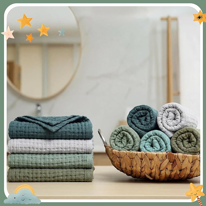 8 Pcs Baby Washcloths for Newborn 12 x 12 Inch Muslin Face Towels Cotton Absorbent for Delicate Skin Soft Muslin Cloth Reusable Baby Registry as Shower Gift, 4 Colors(Green Color)