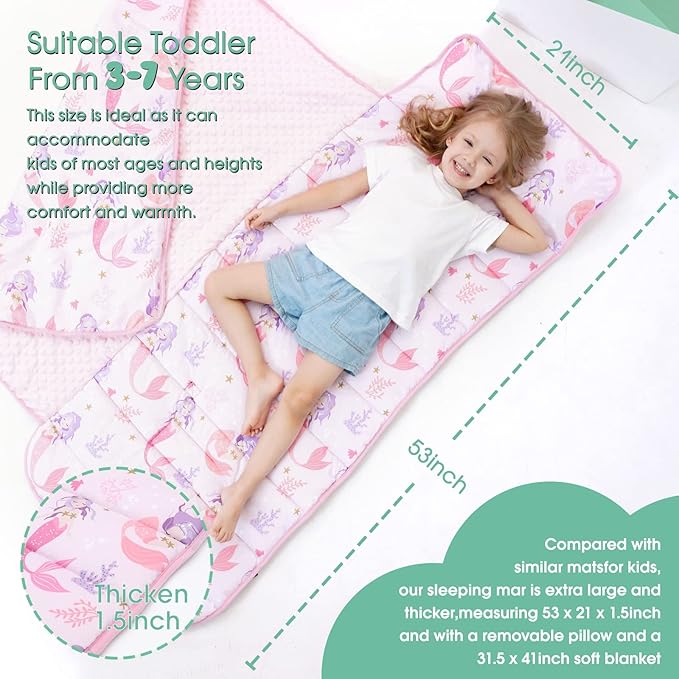ACRABROS Toddler Nap Mat with Pillow and Blanket, Large Rolled Napping Mats,Slumber Bags for Boys Girls,Kids Sleeping Bag for Daycare, Preschool Travel