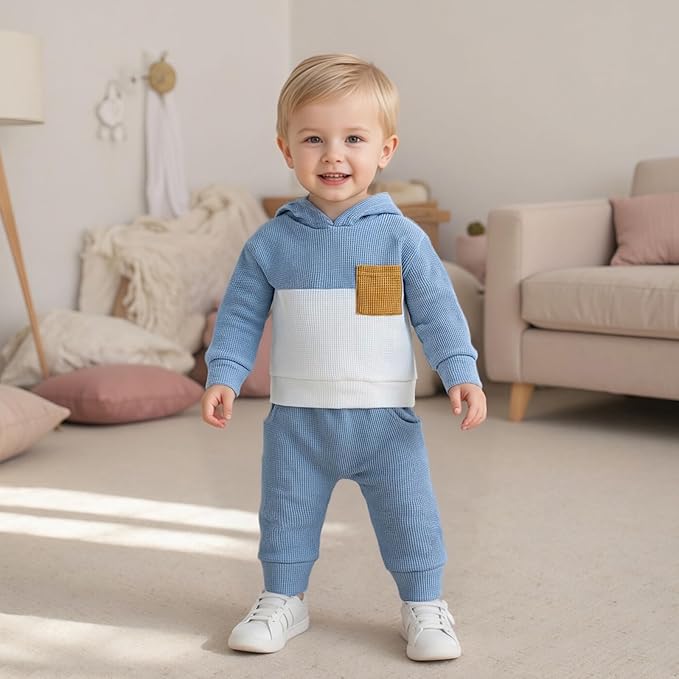 Toddler Baby Boy Hoodies Fall Clothes Waffle Contrast Color Sweatshirt Pant Set Infant Clothes 6 12 18 Months 2T 3T