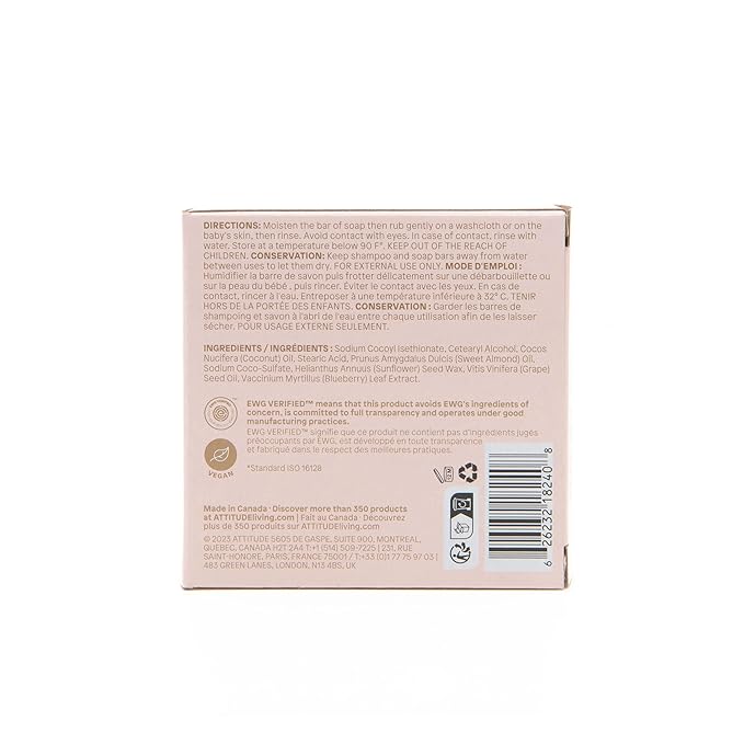 ATTITUDE Plastic-Free Shampoo and Body Soap Bar for Baby, EWG Verified, Dermatologically Tested, Vegan, Unscented, 3 Ounces