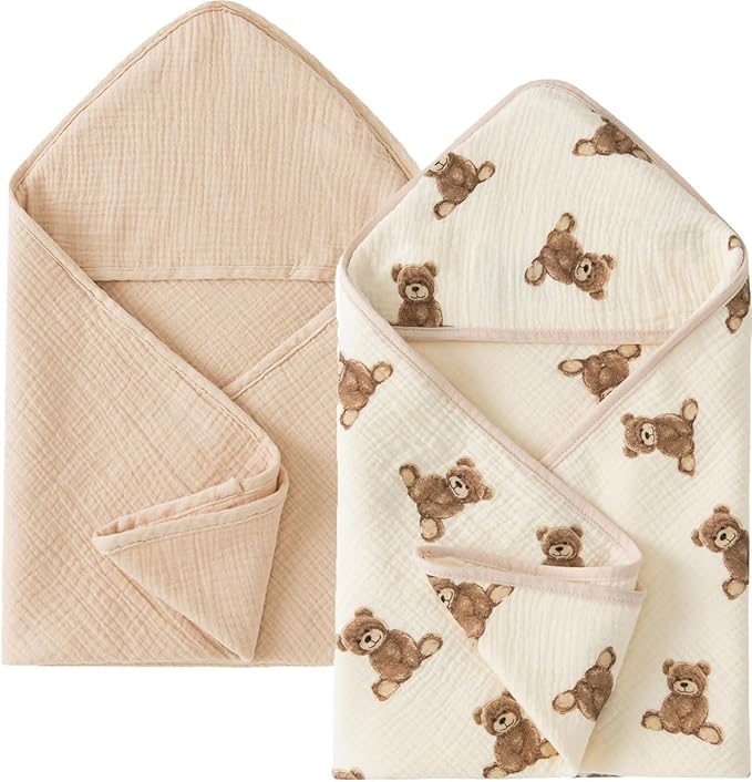 Little Jump Hooded Baby Towels for Newborn - 2 Pack 100% Cotton Muslin Baby Bath Towel, Soft and Absorbent for Boys Girls Infant, Large 32x32 Inches (Teddy Bears & Khaki)
