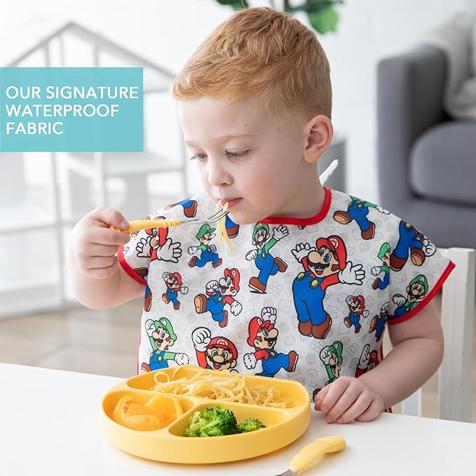 Bumkins Short Sleeve Bib for Girl or Boy, Toddler and Kids for 1-3 Years, Large Size, Essential Must Have for Junior Children, Eating, Mess Saving Soft Fabric Apron for Play, Nintendo Mario and Luigi