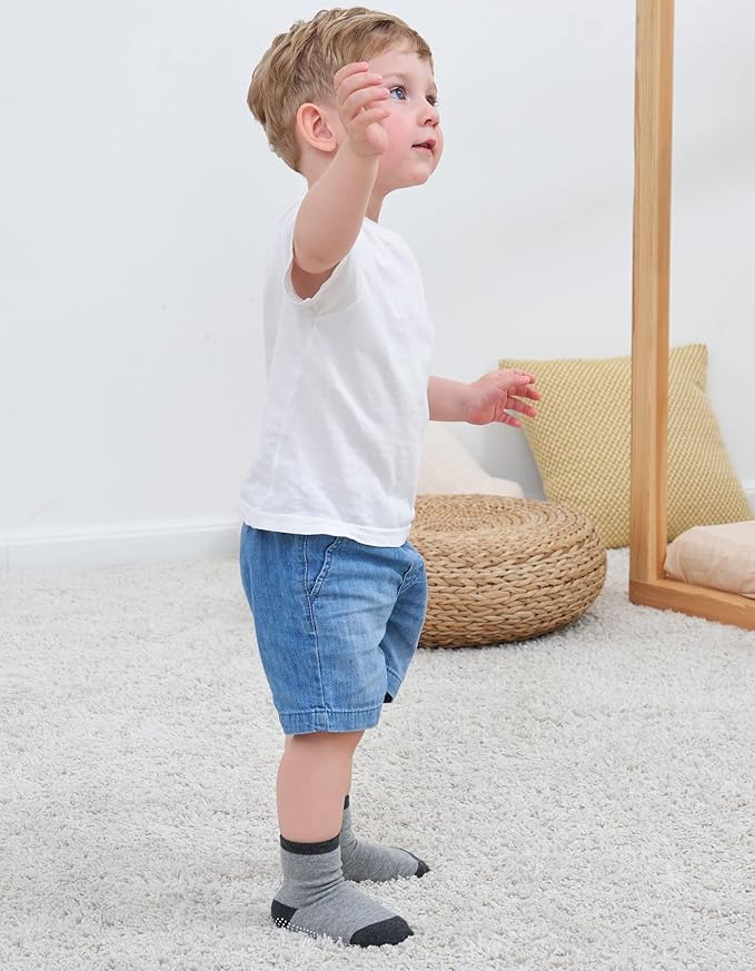 ZAPLES Baby Non Slip Grip Crew Socks with Anti Skid Soles for Infants Toddlers Kids Boys Girls