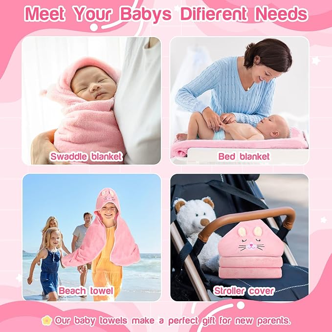 4 PCS Hooded Baby Towels, Absorbent Baby Bath Towel, Soft Baby Towels and 3 PCS Baby Washcloths for Newborns, Toddlers, and Kids, 32x32 in Baby Towel with Hood for Boy and Girl (Pink Kittens)