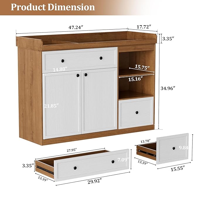 Wide Baby Changing Table Dresser with 2 Doors, 2 Different Size Drawers &Storage Cubbies, Durable Wood Construction, Built-in Shelves of Ample Storage for Nursery (White& Natural Wood)