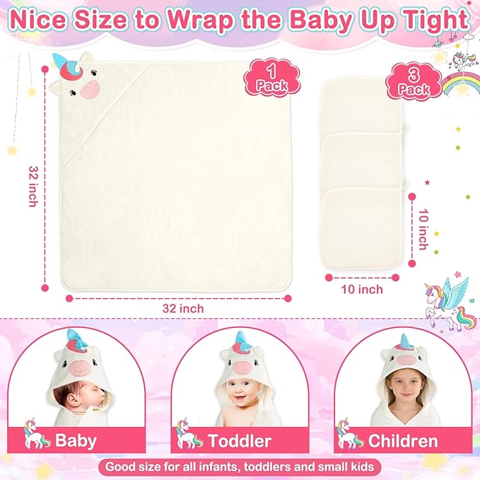4 PCS Baby Towels Set, Soft Absorbent Baby Hooded Bath Towel, 1 Baby Towel and 3 Baby Washcloths for Newborns, Toddlers, and Kids, 32x32 inch Baby Towel for Boy and Girl (White Unicorn)
