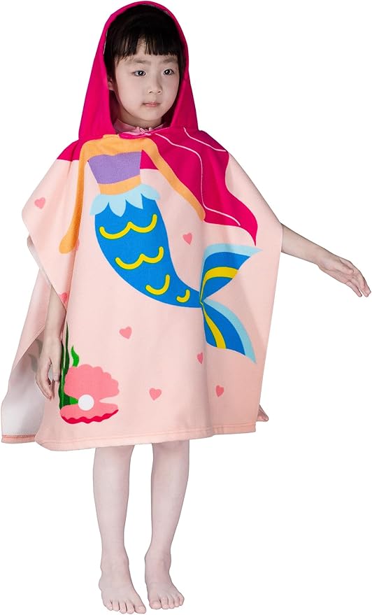 Hooded Kids Beach Towels - Toddler Bath Towel Girls Boys Swim Cover-ups for Ages 1 to 6 Kids Pool Towels Quick Dry Lightweight Soft Microfiber Poncho Towel 24x23(Mermaid Pink)