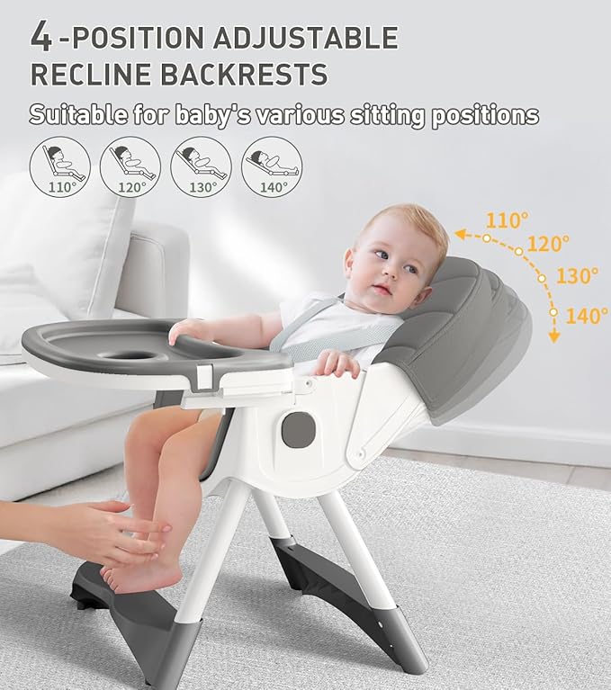 Baby High Chair, 5 in 1 High Chairs for Babies and Toddlers, Travel Foldable High Chair with Foot Rest, Detachable PU Cushion, Double Removable Tray, Adjustable Height & Recline