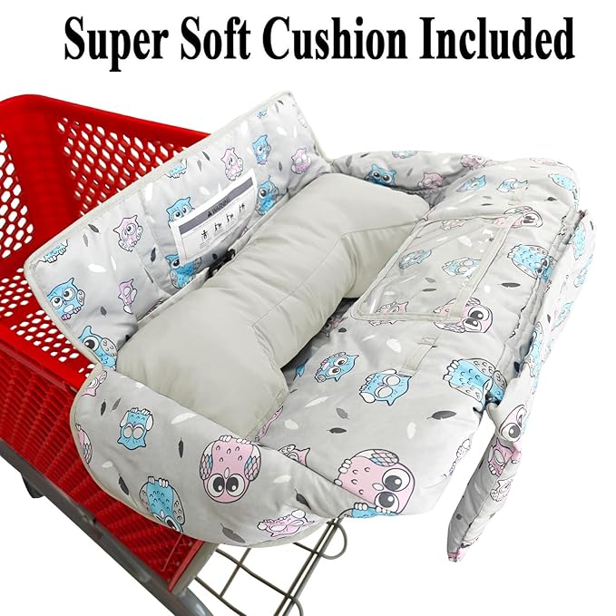 Love&go Soft Pillow Attached 2-in-1 Shopping Cart and High Chair Cover for Baby, Cotton Padded Cart Cover, Fold'n Roll Style, Portable with Carry Bag (Gray Owl)