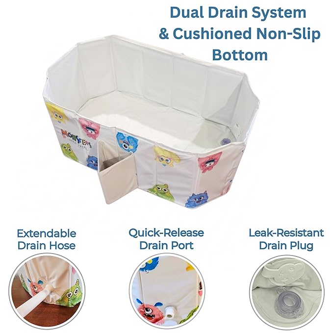 OhSoBig Collapsible Toddler Baby Bathtub - Foldable Portable Tub for Shower & Home, Non-Slip Base with Cushioned Bottom, Drain Plug, Space-Saving & Travel Bath Tub