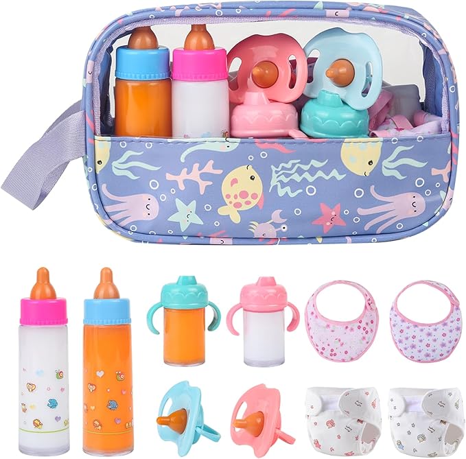 6-Piece Baby Doll Feeding Set – Magic Bottles & Pacifiers for 10–24 Inch Dolls, Disappearing Milk & Juice Bottles, Pretend Play Accessories for Kids