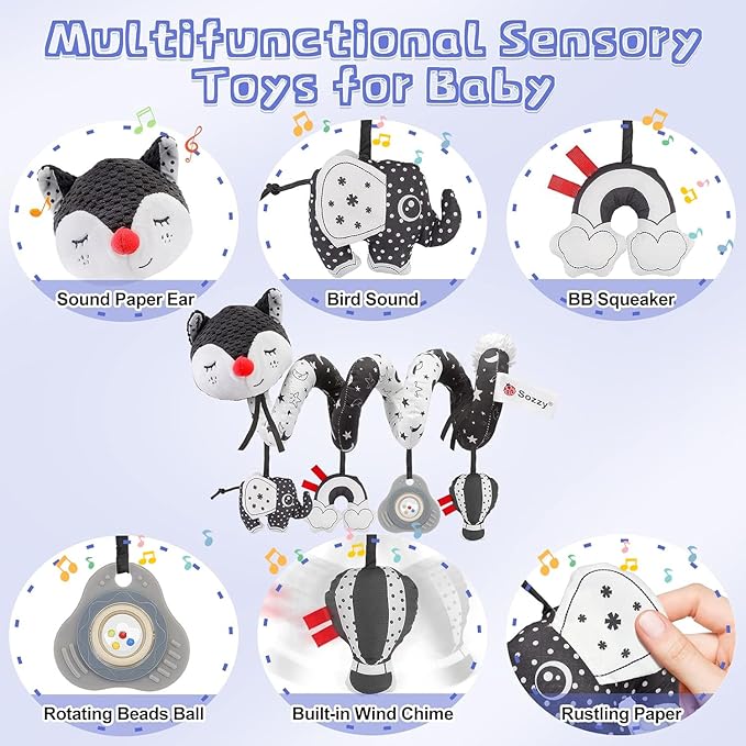 FPVERA Car Seat and Stroller Toys - Black and White Car Seat Toy High Contrast Baby Toys, Baby Plush Spiral Activity Toy for Crib Mobile, Newborn Sensory Toy Best Gift for 0 3 6 9 12 Months Infants