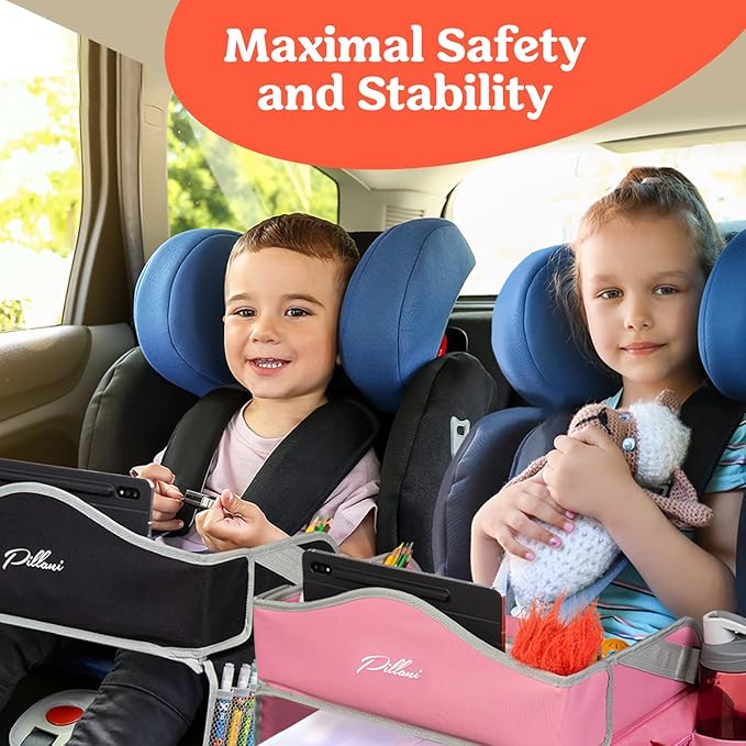 PILLANI Kids Travel Tray for Car - Car Seat Tray for Kids, Roadtrip Essentials, Carseat Table Tray for Kids Road Trip Activities - Toddler Lap Desk Organizer for Airplane