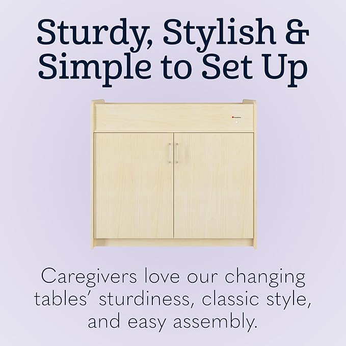 Foundations SafeSwing Daycare Changing Table, Formerly SafetyCraft - Durable Wood Cabinet with 2 Built-in Shelves - Storage w/Soft Close Hinges, Includes Durable Mattress Pad, Natural