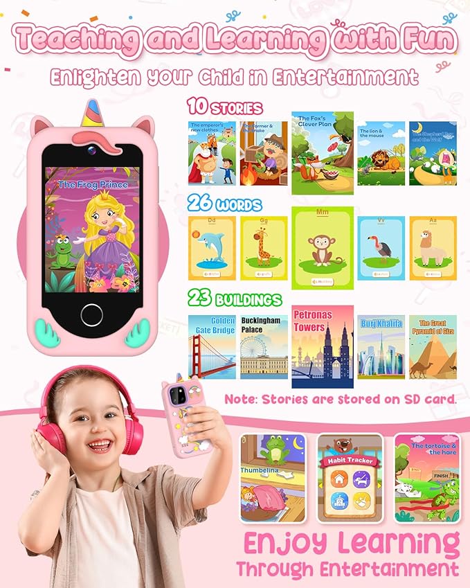 Kids' Phone Toy Imitate Smartphone Toy for 3-8 Year Old Girls & Boys - No Internet/Calls, HD Camera, MP3 Player, Learning Games | Christmas Birthday Gift for Toddlers (Pink)