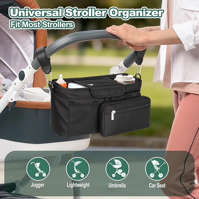 Universal Stroller Organizer Bag, Stroller Caddy with Insulated Cup Holders & Detachable Phone Bag and Shoulder Strap, Stroller Bag for Baby Accessories Fits Most Strollers On Travel, Walks (Black)