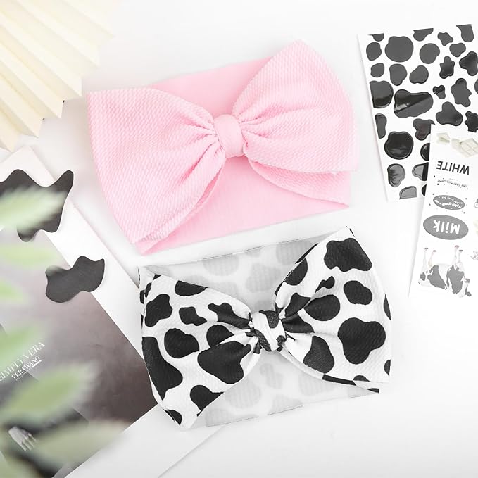2Pcs Moo Cow Print 7’’ Hair Bows for Baby Girls Cowgirl Accessories Infant Toddler Baby Girl Headbands Pink Bow Hair Wrap