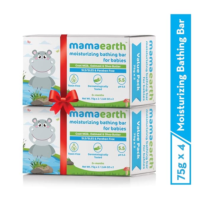 MAMAEARTH Moisturizing Baby Bathing Soap Bar with Goat Milk & Oatmeal for Soft & Nourished Skin | pH Balanced 5.5 | Gentle, Tear-Free Baby Soap | 75g × 4 (2.64 oz Each)