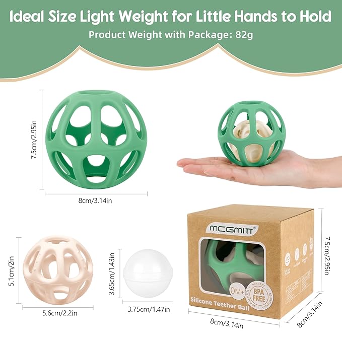 MCGMITT Baby Montessori Sensory Toys for 0-6 6-12 Months, Easy Grasp Silicone Baby Teether Teething Rattle Toy, BPA-Free Infant Teether Ball Chew Rattle Toys, Removable Inner Ball, Soft Hollow Design