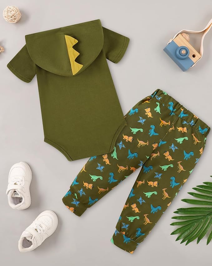 Newborn Boy Summer Outfits Animal Print Short Sleeve Romper with Hoodie & Pants Infant Clothing Set