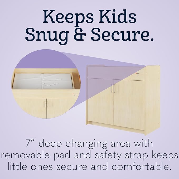 Foundations SafeSwing Daycare Changing Table, Formerly SafetyCraft - Durable Wood Cabinet with 2 Built-in Shelves - Storage w/Soft Close Hinges, Includes Durable Mattress Pad, Natural