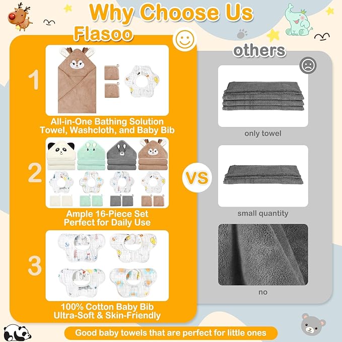 16 Pcs Baby Towels Set for Infants Toddlers, 4 Pcs Hooded Bath Towels, 4 Pcs Baby Bibs & 8 Pcs Washcloths Set, Absorbent Soft Newborn Gift for Boys & Girls-Elephants, Pandas, Bears & Moose