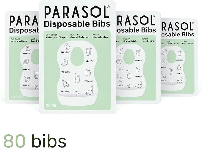 PARASOL Disposable Bibs, Soft-Absorbent Top Layer with Leak-Resistant Waterproof Backing, Built-In Crumb Catcher, Hypoallergenic, Disposable Bibs for Toddlers and Babies, 4 Boxes (20 Each), 80 Count