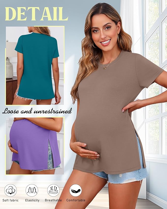 Ficerd 3 Pack Women's Maternity T Shirts, Short Sleeve Side Split Pregnancy Tops Casual Crew Neck Pregnant Tees Mama Clothes