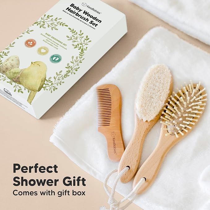 Baby Hair Brush Set for Newborns - Soft Goat Bristle Wooden Baby Brush and Comb Set Newborn Grooming Kit for Cradle Cap, Durable & Gentle, Boy, Girl Infant Essentials Care Kit (Oval, Walnut)