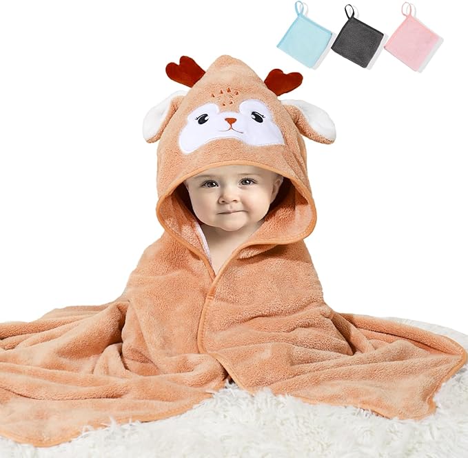 Baby Hooded Towel,31 * 31 in Toddler Bath Towels and Washcloths Set for Newborn Babies,Toallas de Baño para Bebe,Organic Infant Kids Boy Essentials 1-3