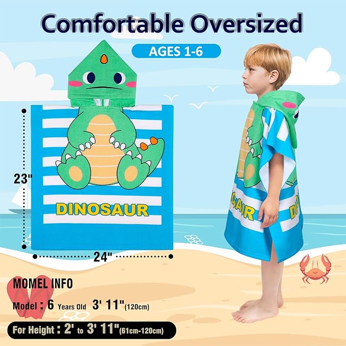 Hooded Kids Beach Towels - Toddler Bath Towel Girls Boys Swim Cover-ups for Ages 1 to 6 Kids Pool Towels Quick Dry Lightweight Soft Microfiber Poncho Towel 24x23 (Baby Dinosaur)