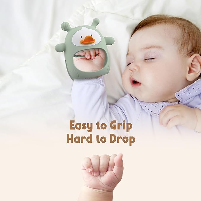 2 Packs Baby Teething Toys 3-6 6-12 Months, Food Grade Silicone Teething Mitten, Anti Dropping Wrist Hand Teethers, Never Drop Baby Chew Toys for Sucking Needs, BPA Free (Blue & Green)
