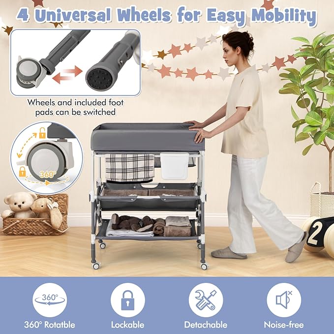 HONEY JOY Changing Table, Foldable Baby Mobile Nursery Organizer w/Wheels, Adjustable Heights, Storage Bag & Shelves, Waterproof Diaper Changing Station Dresser, Portable for Newborn Infant (Gray)