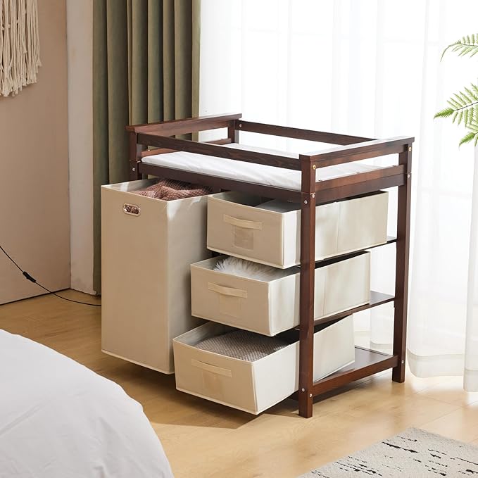 Karl home Modern Baby Changing Table,Dresser Baby Diaper Changing Station with Laundry Hamper,Infant Nursing Table with 3 Storage Drawers,Removable Safety Rail & Strap for Bedroom,Nursery,Brown