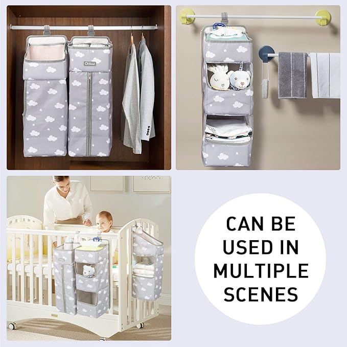 Orzbow 3-in-1 Hanging Diaper Caddy Organizer for Changing Table, Nursery Organization and Diaper Stacker for Crib Wall, Removable Diaper Organizer for Baby Boy Essentials, Gray
