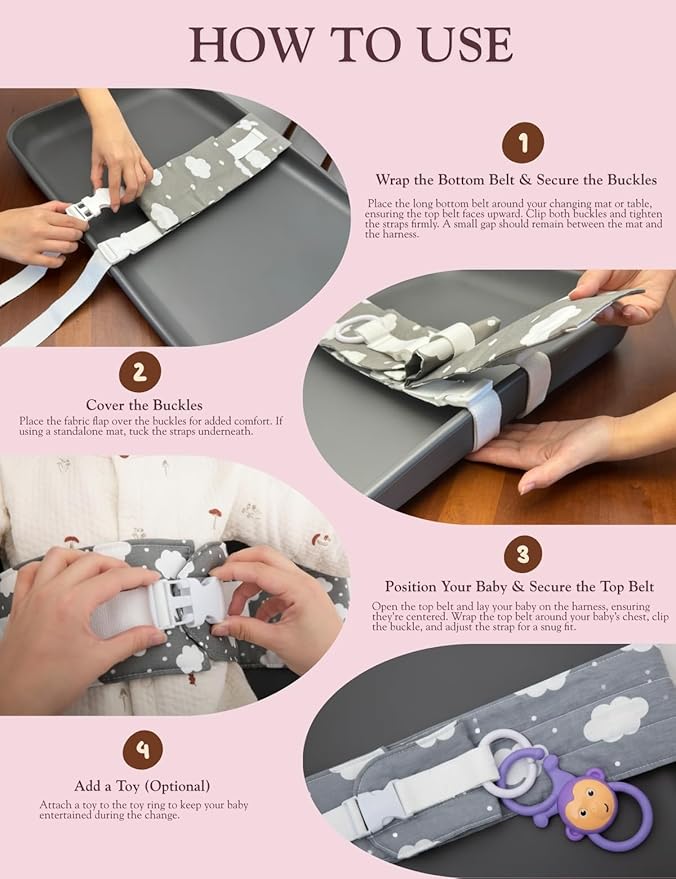 Baby Changing Pad Strap - Cotton Soft Skin-Friendly, Adjustable & Secure Anti-Slip Belt for Infants 0-24 Months, Universal Fit for Changing Pads & Tables, Easy-Clean & Portable (Grey)