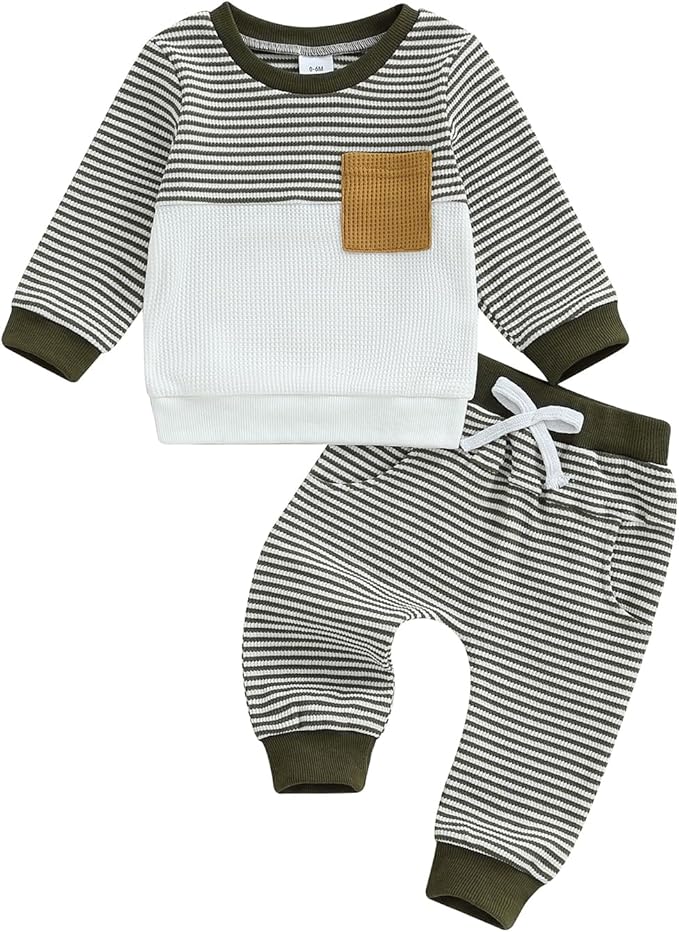 Toddler Baby Boy Fall Outfit Long Sleeve Crew Neck Contrast Color Sweatshirt Top Pant Cute Newborn Infant Waffle Clothes