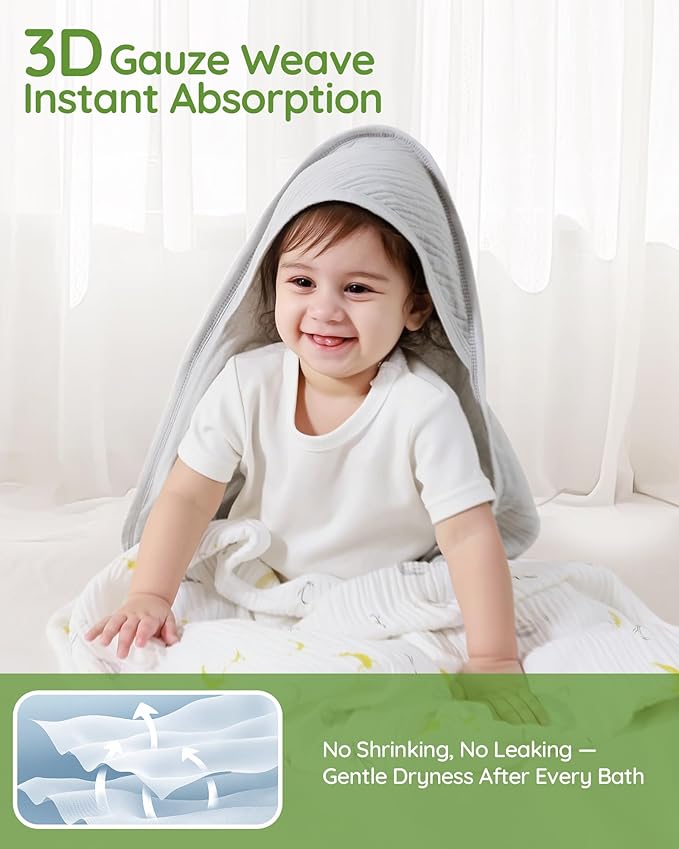 SUOSDEY Muslin Hooded Baby Towels for Newborn Infant Toddler, 70% Viscose from Bamboo 30% Cotton,Soft Baby Bath Towel with Hood Highly Absorbent and Newborn Essential,28 X 28 Inch