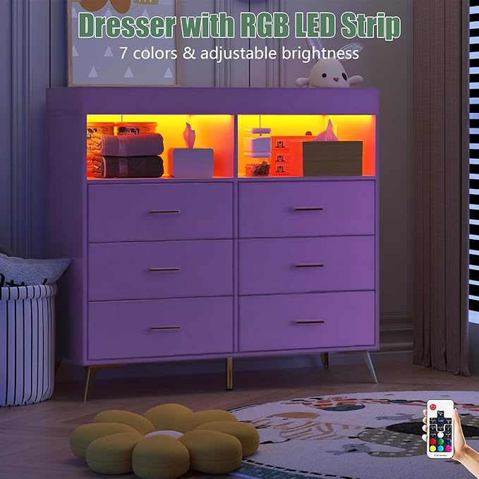 Baby Changing Table Dresser with 6 Drawers, Baby Nursery Dresser, LED Lights & Charging Station – Multifunctional Nursery Dresser with Removable Changing Top, Anti-Tip Design, Purple