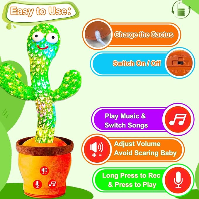 Rechargeable Baby Toys Dancing Talking Cactus Toy for Baby, Volume Adjustable, Singing, Mimicking, Repeating, Baby Infant Toys for Girls Boys, Valentine Gifts for Kids Baby Todder