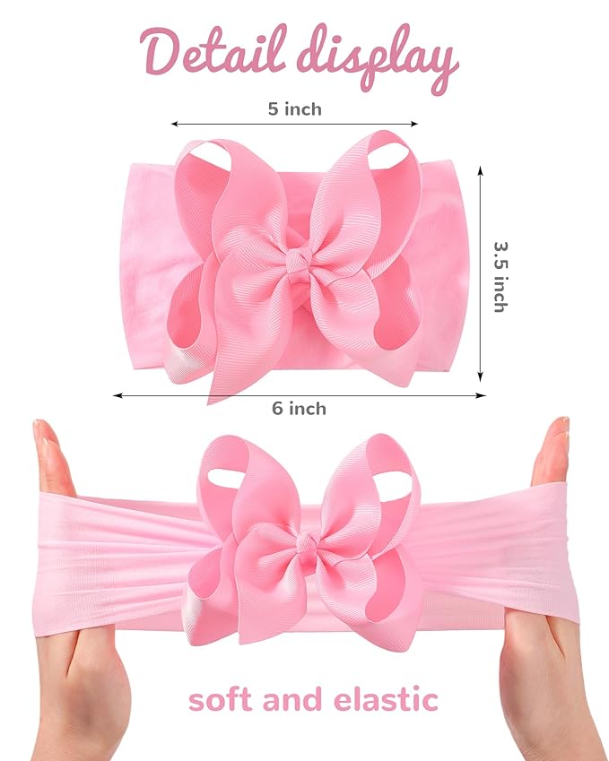 doboi 6PCS Baby Girl Bows Big Baby Headbands Ribbon Bow Nylon Headbands Hair Accessories Baby Bows for Baby Girls Infant Newborn Toddler-PINK