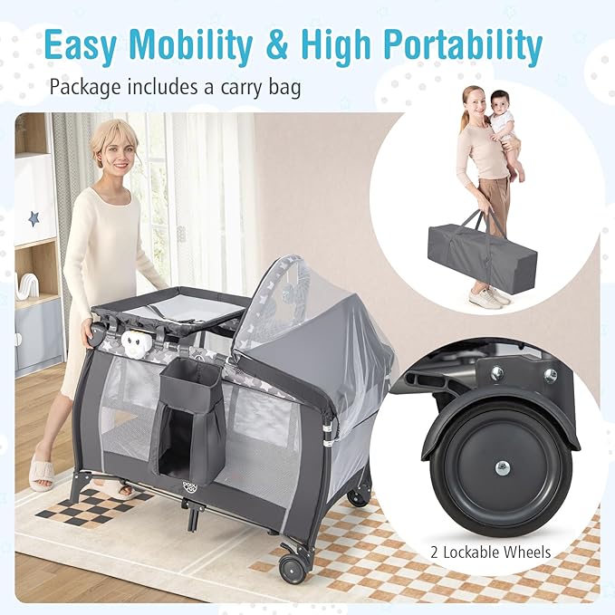 BABY JOY 4 in 1 Pack and Play, Portable Baby Playard with Bassinet, Adjustable Canopy, Changing Table, Lockable Wheels, Glowing Music Box, Travel Baby Crib Bassinet Bed from Newborn to Toddler