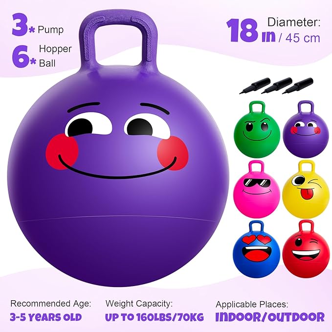 Upper Rider 6 Pcs Hopper Ball for Kids 3-8, 18 Inch Bouncy Ball with Handle, Inflatable Hippity Hop Bounce Jumping Hopping Toys for Toddlers Boys Girls Gifts, Pink Blue Red Purple Green Yellow