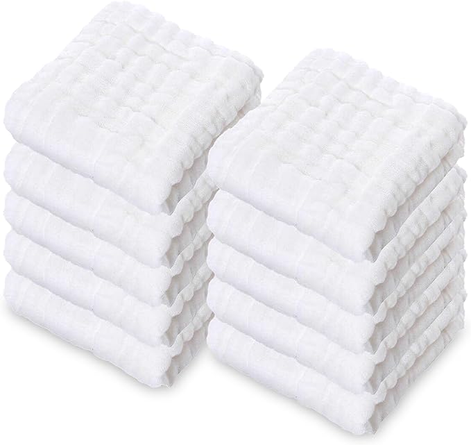 10 Pack Soft Muslin Unisex Baby Washcloths for Daily Use, 100% Cotton Set for Delicate Skin. Soft and Super Absorbent, Newborn Baby Essentials and Baby Registry,12x12 Inches (White)