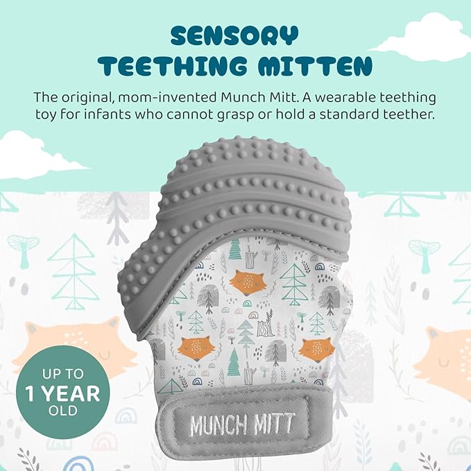 Malarkey Kids Patented Teething Mitten, Munch Mitt Baby Chew Toy - Protects Hands from Chewing & Saliva, Heals Aching Gums, Promotes Sound & Visual Stimulation for Babies - Grey Fox