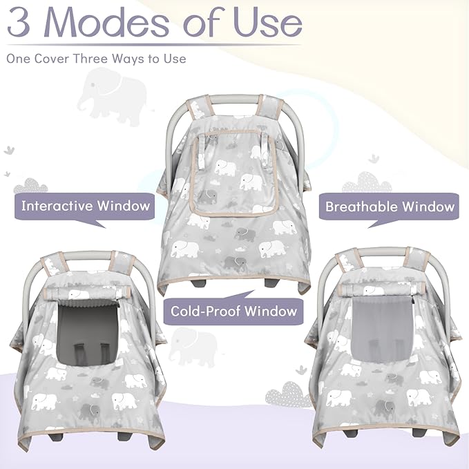 Baby Carseat Seat Cover Boys, Winter Carseat Canopy, Cozy & Warm Cover with Zipper Peep Windows, Infant Minky Carrier Cover, Soft Breathable, Baby Must Have, Grey Elephant