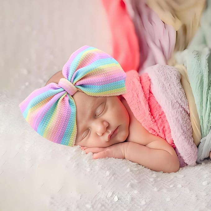 Rainbow Headbands for Baby Girls Hair Bows 2pcs Newborn Infant Toddler Kids Hair Accessories Pink Head Bow Colorful Stripes